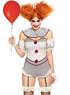 Kuslig clown (från IT), maskerad-romper med pom pom-knappar och volanger, ränder